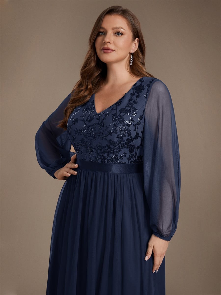 Tulle Maxi Length V-neckline A-line Puff Sleeve Back zipper Evening Dresses #color_Navy Blue