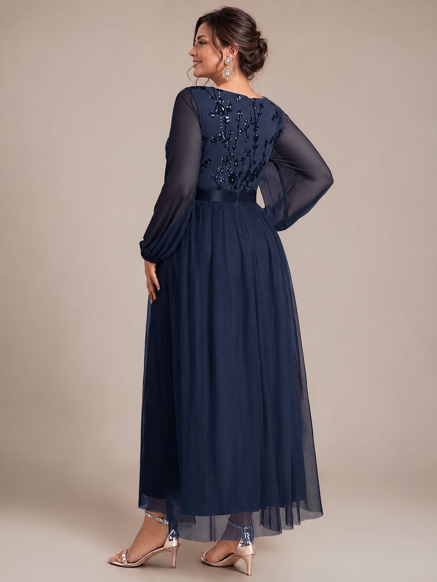 Tulle Maxi Length V-neckline A-line Puff Sleeve Back zipper Evening Dresses #color_Navy Blue