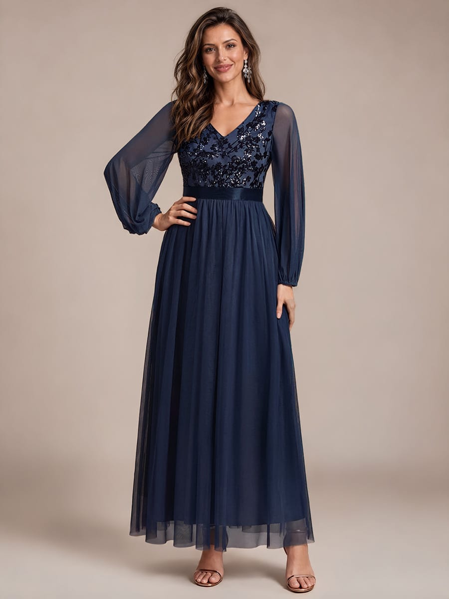 Tulle Maxi Length V-neckline A-line Puff Sleeve Back zipper Evening Dresses #color_Navy Blue