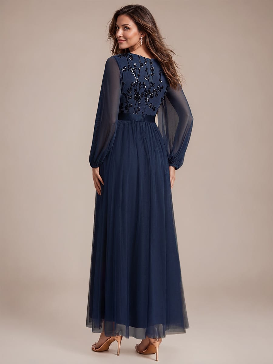 Tulle Maxi Length V-neckline A-line Puff Sleeve Back zipper Evening Dresses #color_Navy Blue