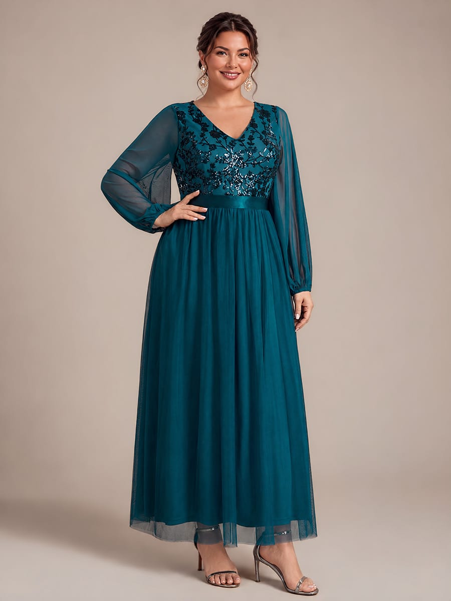 Tulle Maxi Length V-neckline A-line Puff Sleeve Back zipper Evening Dresses #color_Teal