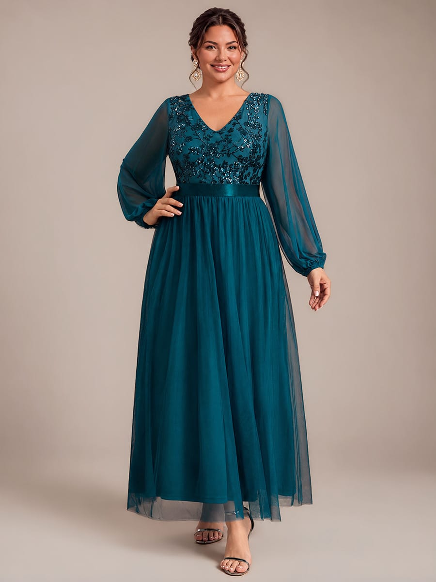 Tulle Maxi Length V-neckline A-line Puff Sleeve Back zipper Evening Dresses #color_Teal