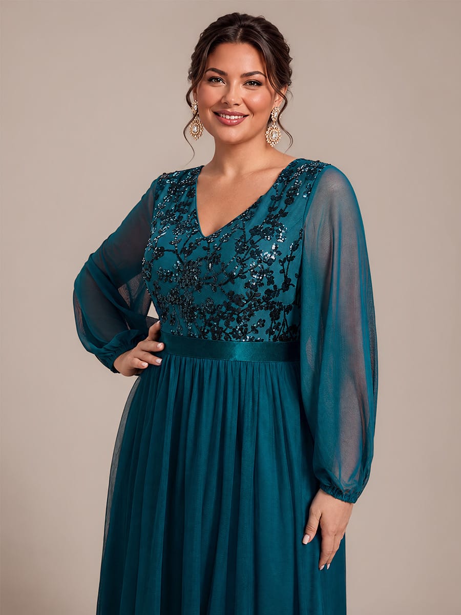 Tulle Maxi Length V-neckline A-line Puff Sleeve Back zipper Evening Dresses #color_Teal