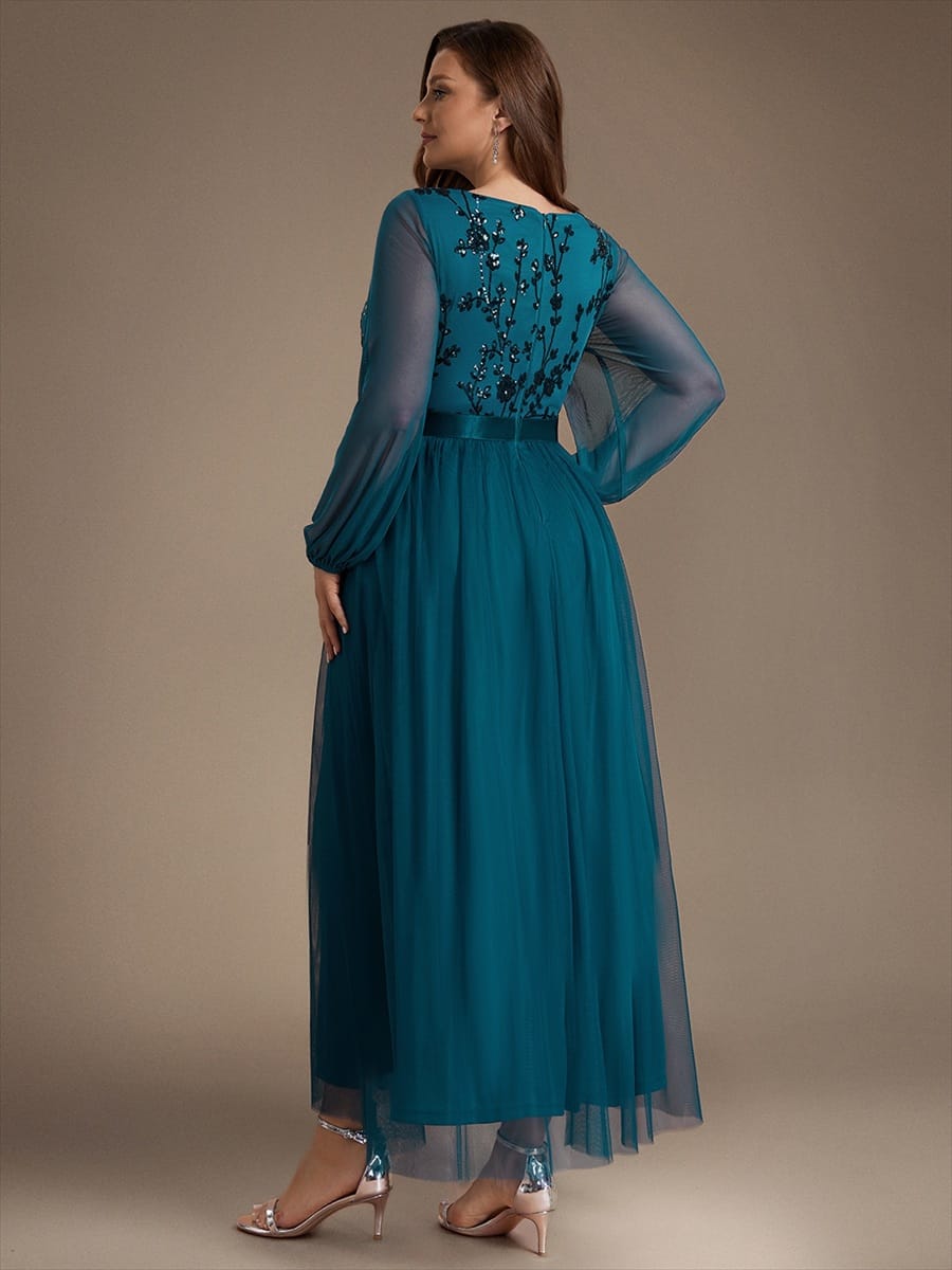 Tulle Maxi Length V-neckline A-line Puff Sleeve Back zipper Evening Dresses #color_Teal