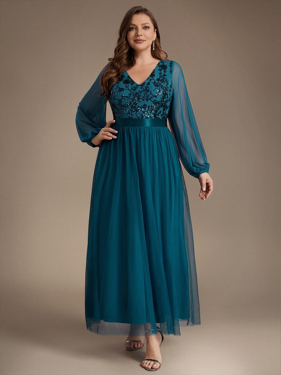 Tulle Maxi Length V-neckline A-line Puff Sleeve Back zipper Evening Dresses #color_Teal