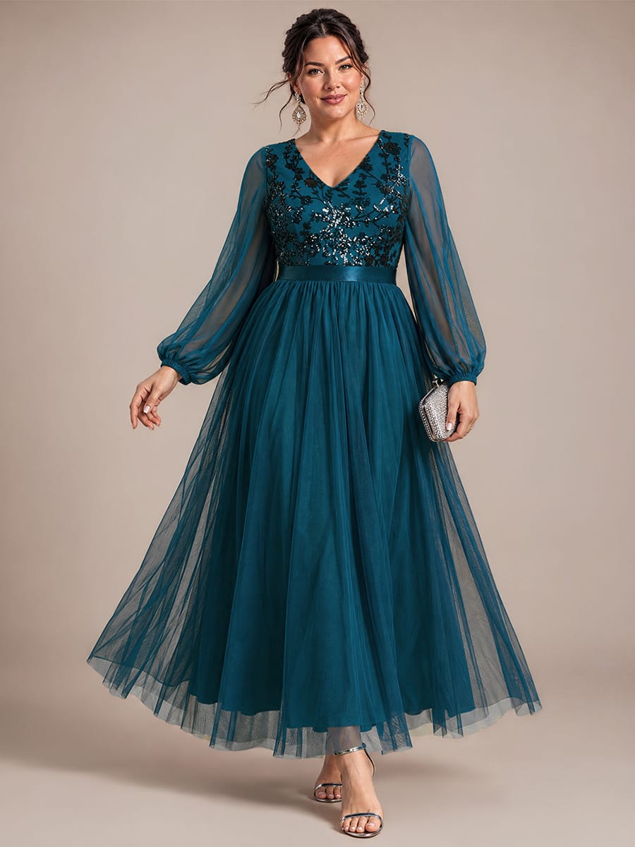 Tulle Maxi Length V-neckline A-line Puff Sleeve Back zipper Evening Dresses #color_Teal