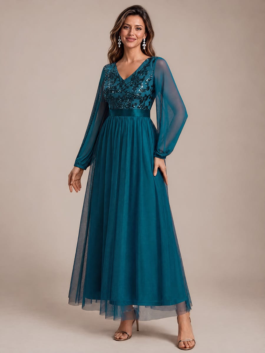 Tulle Maxi Length V-neckline A-line Puff Sleeve Back zipper Evening Dresses #color_Teal
