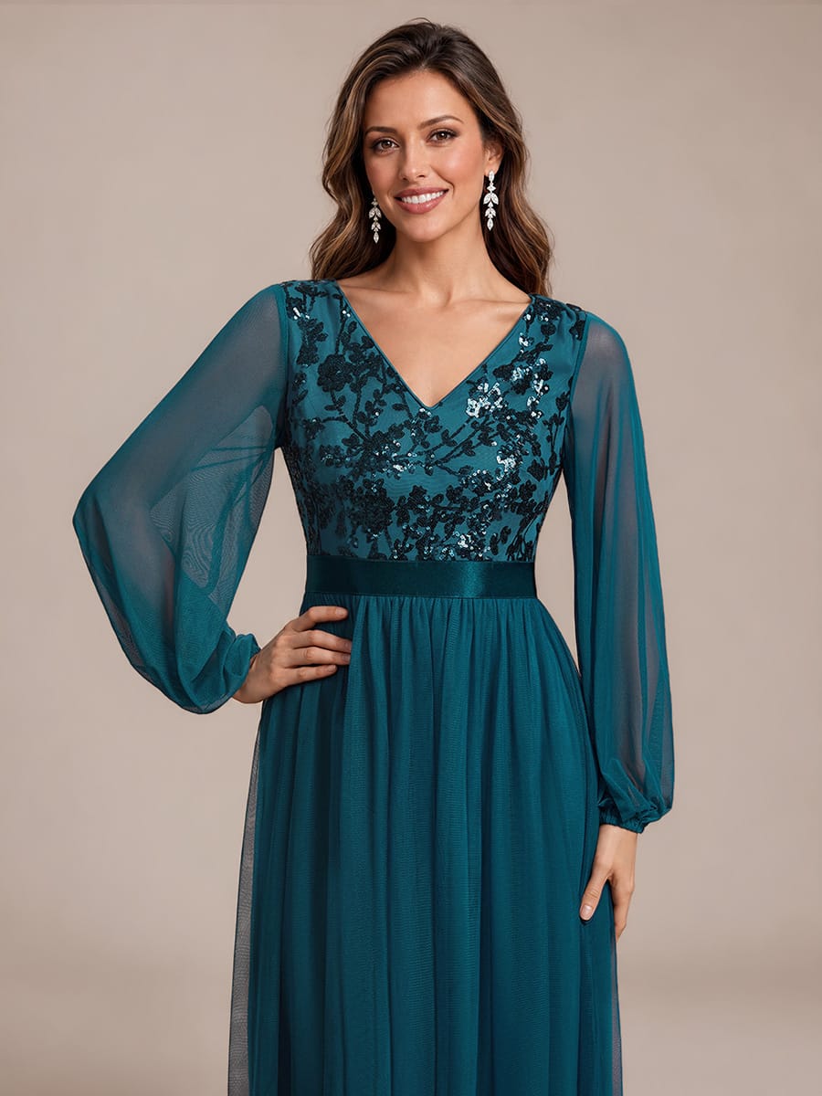 Tulle Maxi Length V-neckline A-line Puff Sleeve Back zipper Evening Dresses #color_Teal