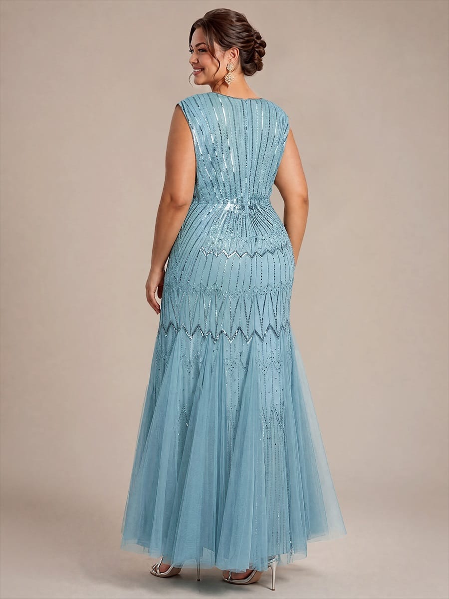 Tulle with Maxi Length, V-neckline, Mermaid, Sleeveless and evening dress #color_Sky Blue