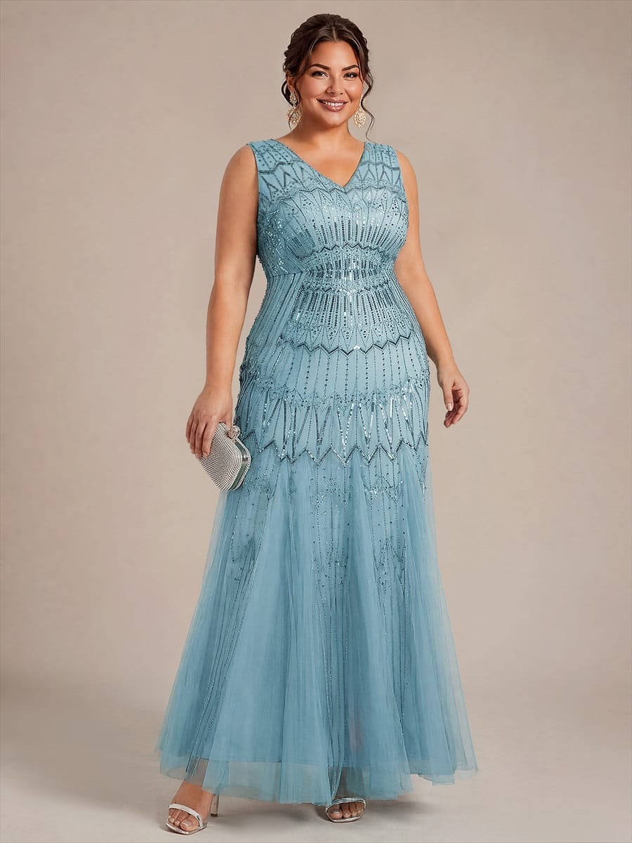 Tulle with Maxi Length, V-neckline, Mermaid, Sleeveless and evening dress #color_Sky Blue