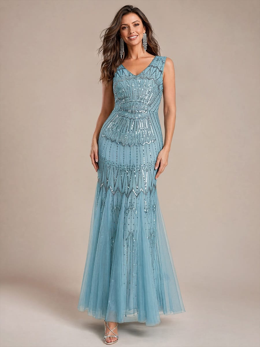 Tulle with Maxi Length, V-neckline, Mermaid, Sleeveless and evening dress #color_Sky Blue