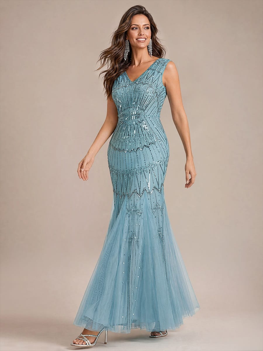 Tulle with Maxi Length, V-neckline, Mermaid, Sleeveless and evening dress #color_Sky Blue