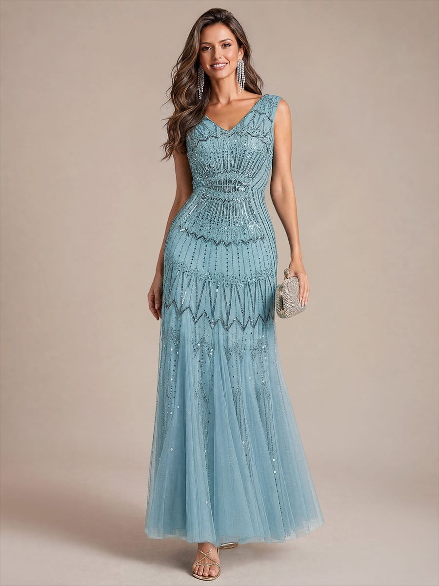 Tulle with Maxi Length, V-neckline, Mermaid, Sleeveless and evening dress #color_Sky Blue