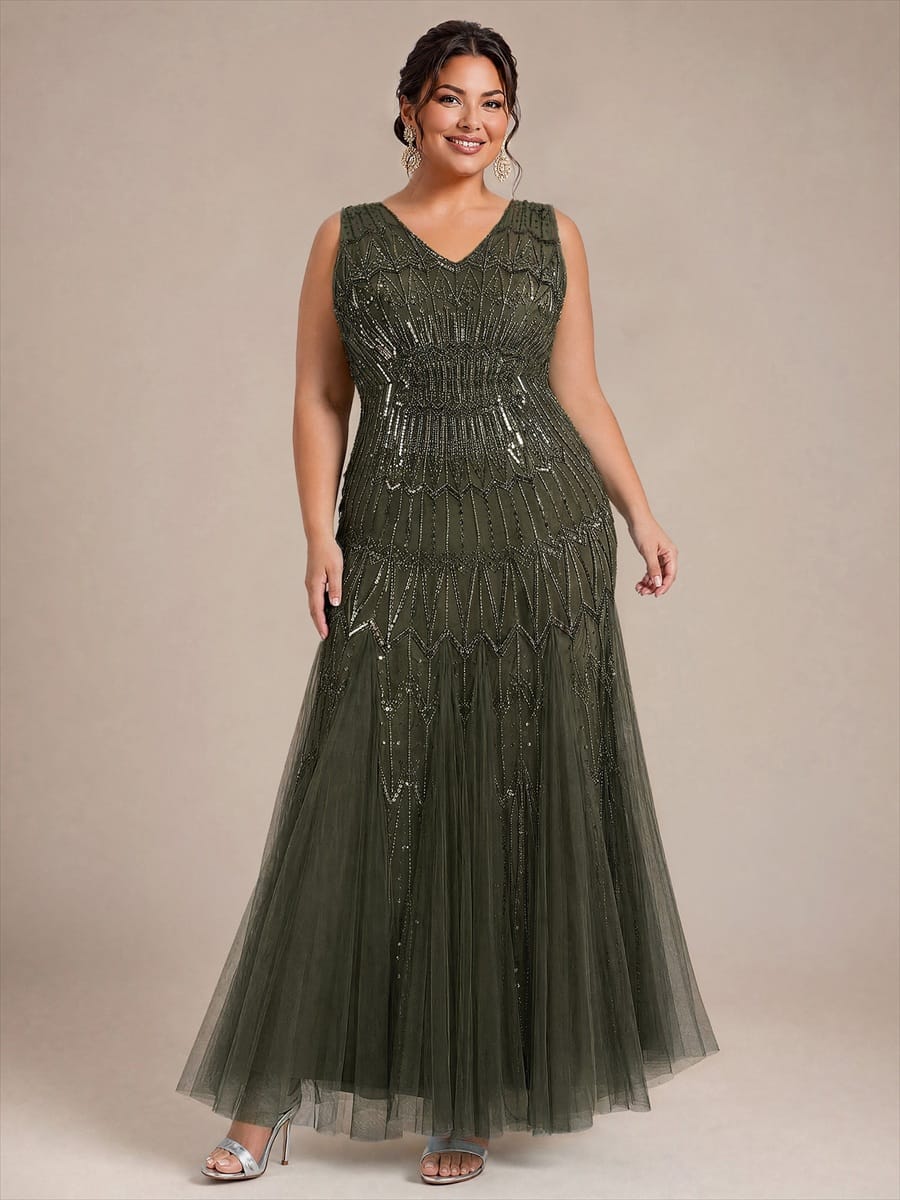 Tulle with Maxi Length, V-neckline, Mermaid, Sleeveless and evening dress #color_Olive Green