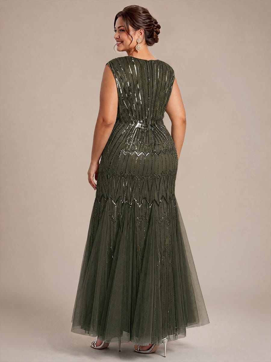 Tulle with Maxi Length, V-neckline, Mermaid, Sleeveless and evening dress #color_Olive Green