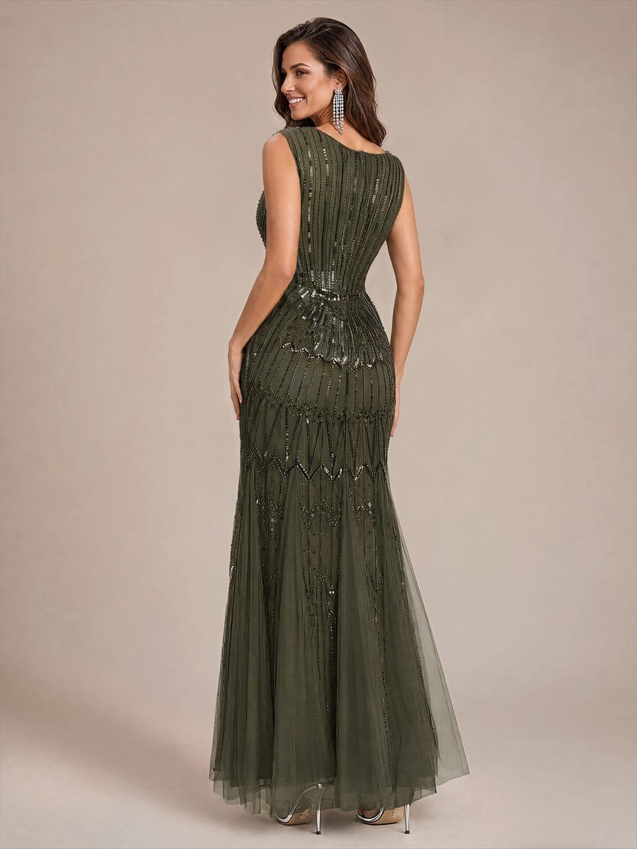 Tulle with Maxi Length, V-neckline, Mermaid, Sleeveless and evening dress #color_Olive Green