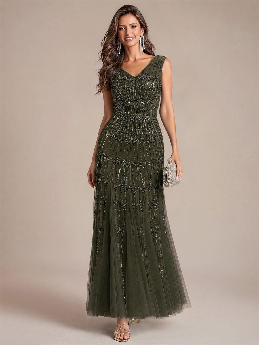 Tulle with Maxi Length, V-neckline, Mermaid, Sleeveless and evening dress #color_Olive Green