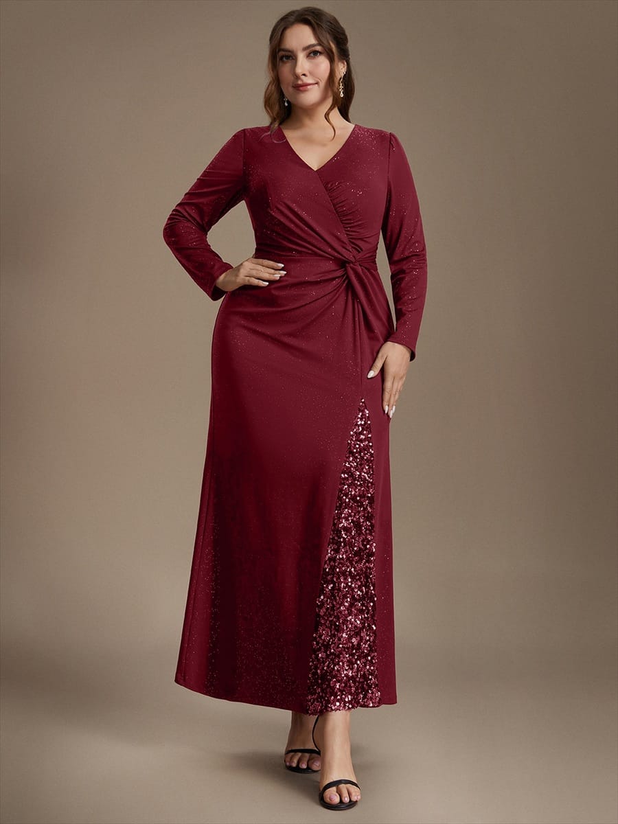 Sequin Knit Fitted Sleeve Dress #color_Burgundy