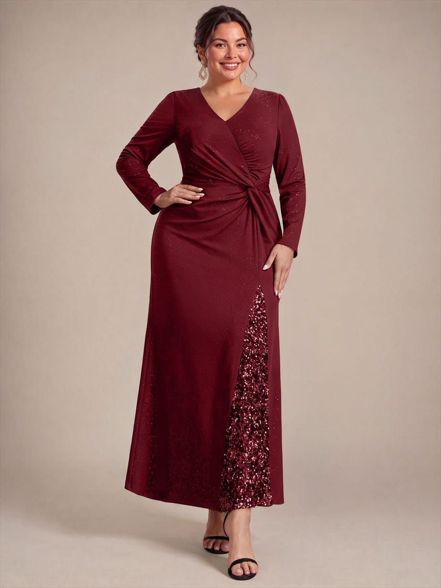 Sequin Knit Fitted Sleeve Dress #color_Burgundy