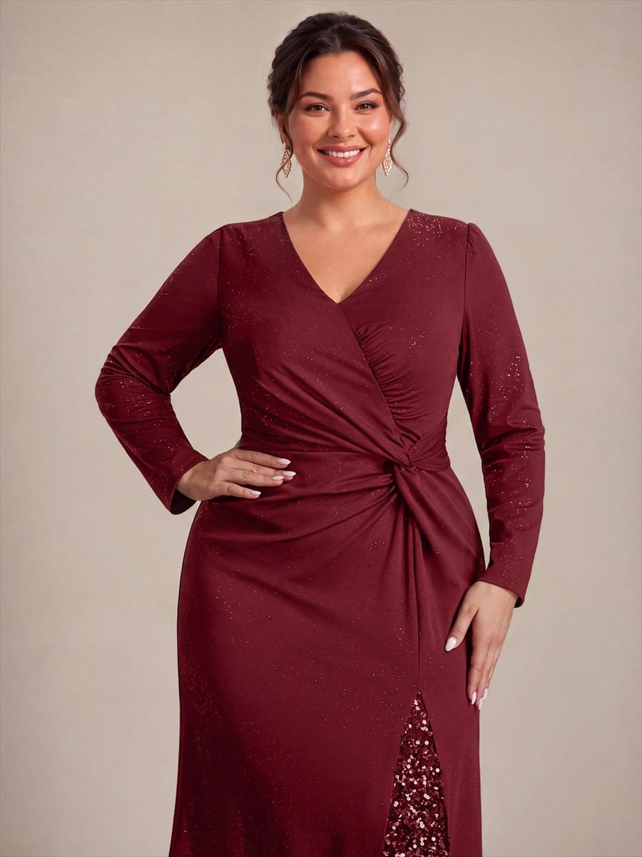 Sequin Knit Fitted Sleeve Dress #color_Burgundy