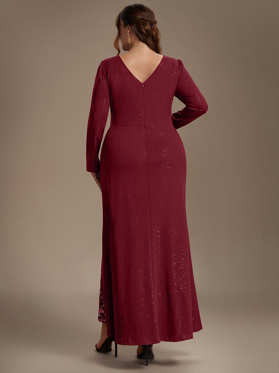 Sequin Knit Fitted Sleeve Dress #color_Burgundy