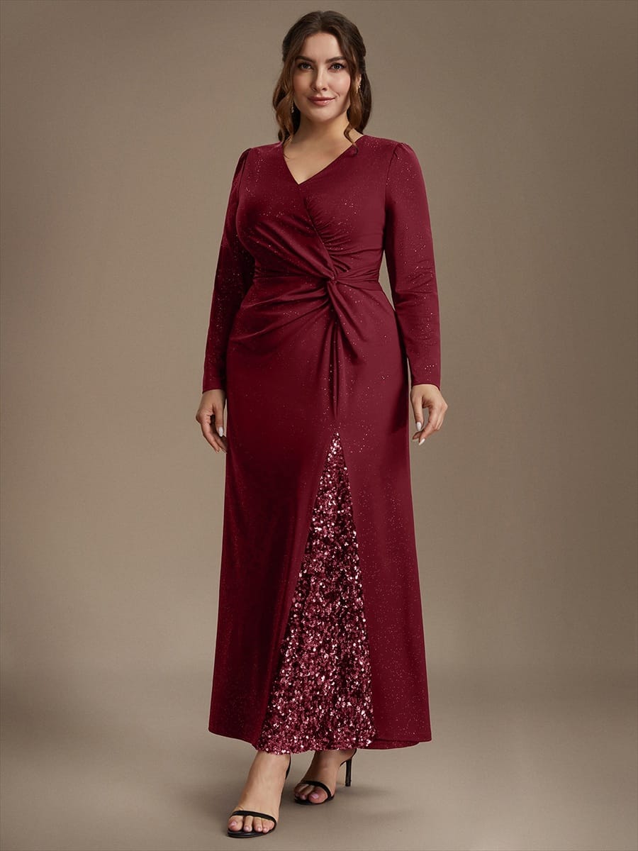 Sequin Knit Fitted Sleeve Dress #color_Burgundy