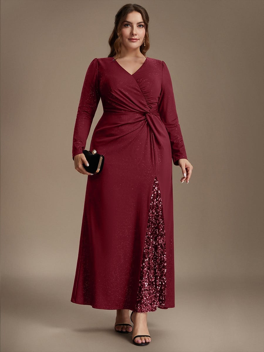 Sequin Knit Fitted Sleeve Dress #color_Burgundy