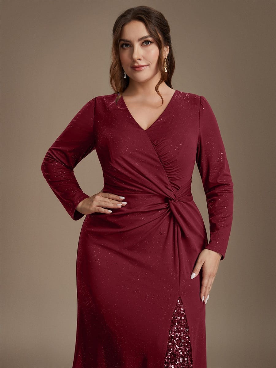 Sequin Knit Fitted Sleeve Dress #color_Burgundy