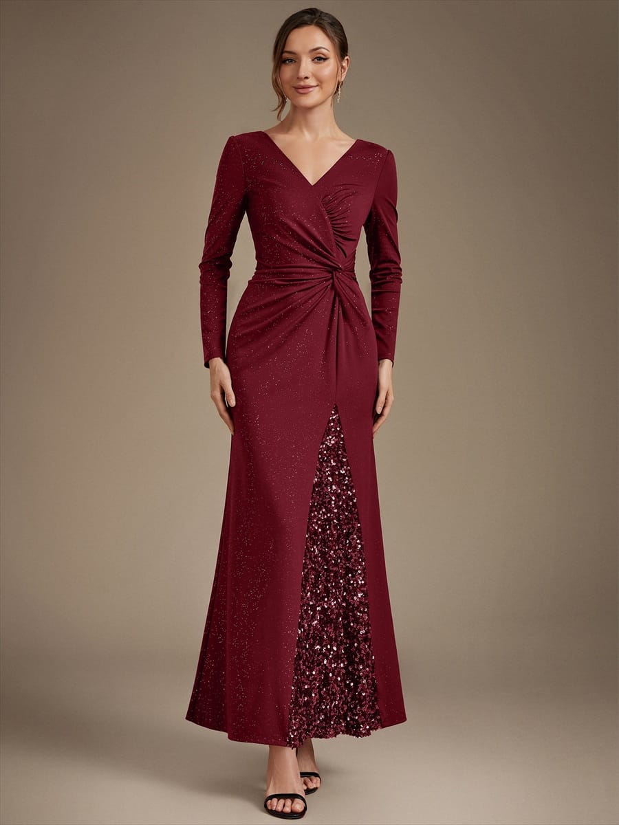 Sequin Knit Fitted Sleeve Dress #color_Burgundy
