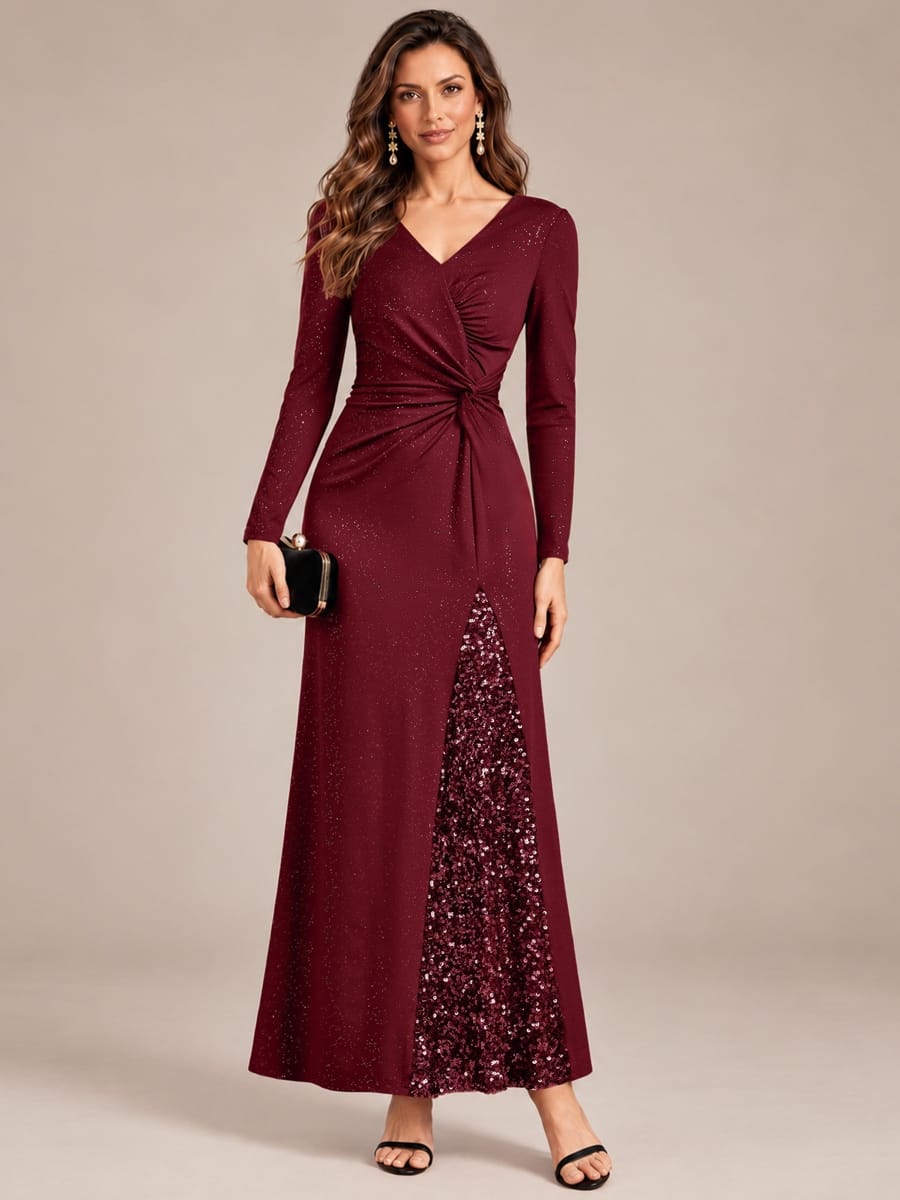 Sequin Knit Fitted Sleeve Dress #color_Burgundy