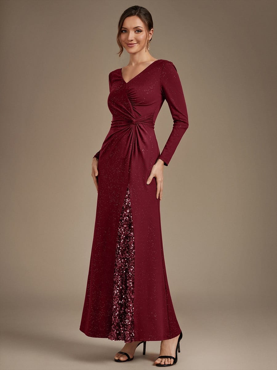 Sequin Knit Fitted Sleeve Dress #color_Burgundy