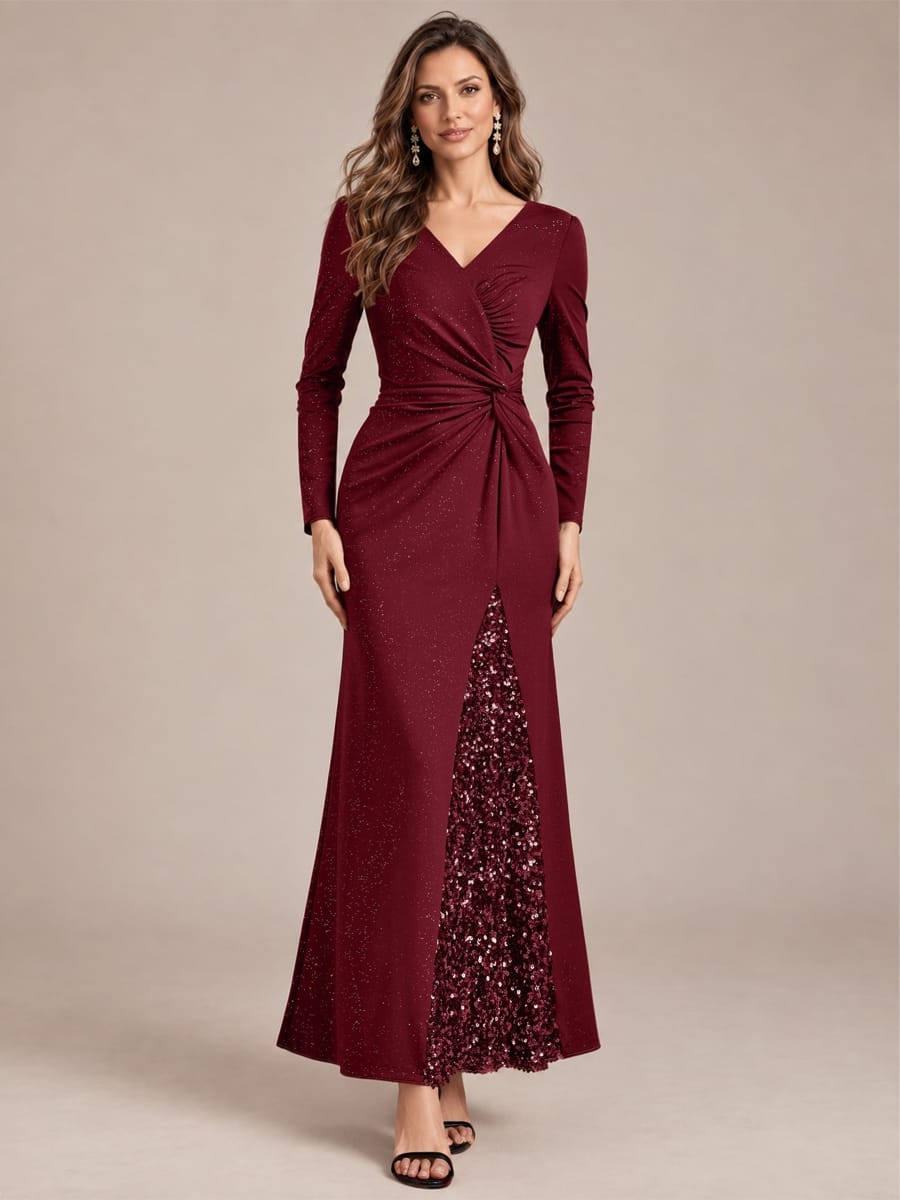 Sequin Knit Fitted Sleeve Dress #color_Burgundy