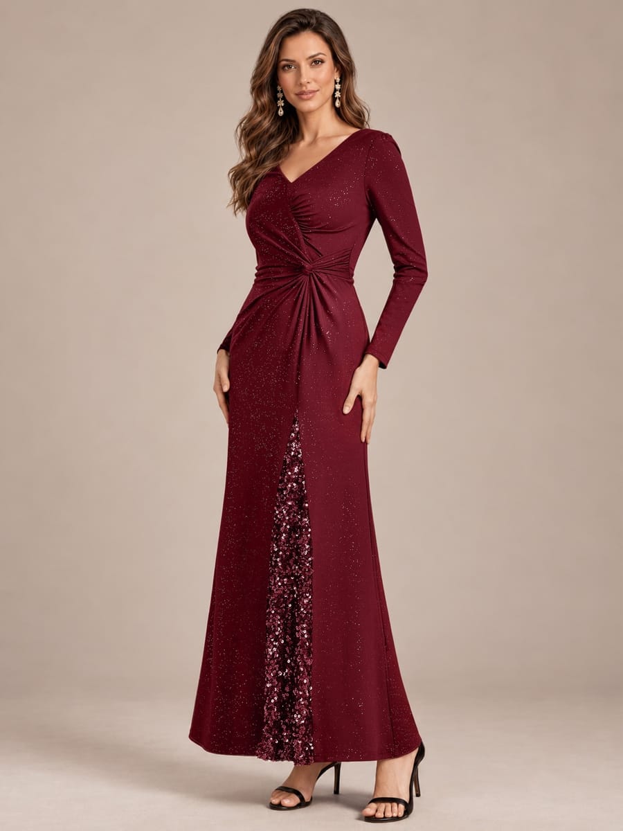 Sequin Knit Fitted Sleeve Dress #color_Burgundy