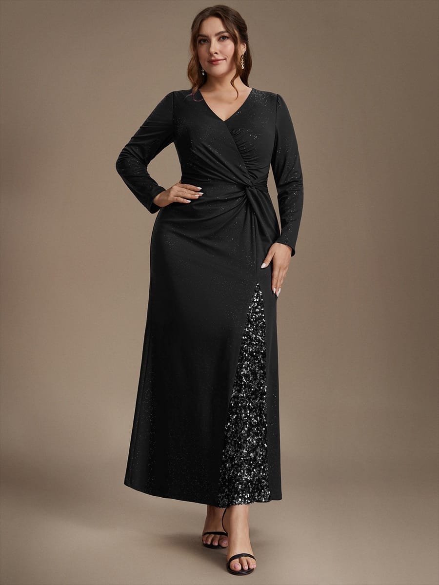 Sequin Knit Fitted Sleeve Dress #color_Black