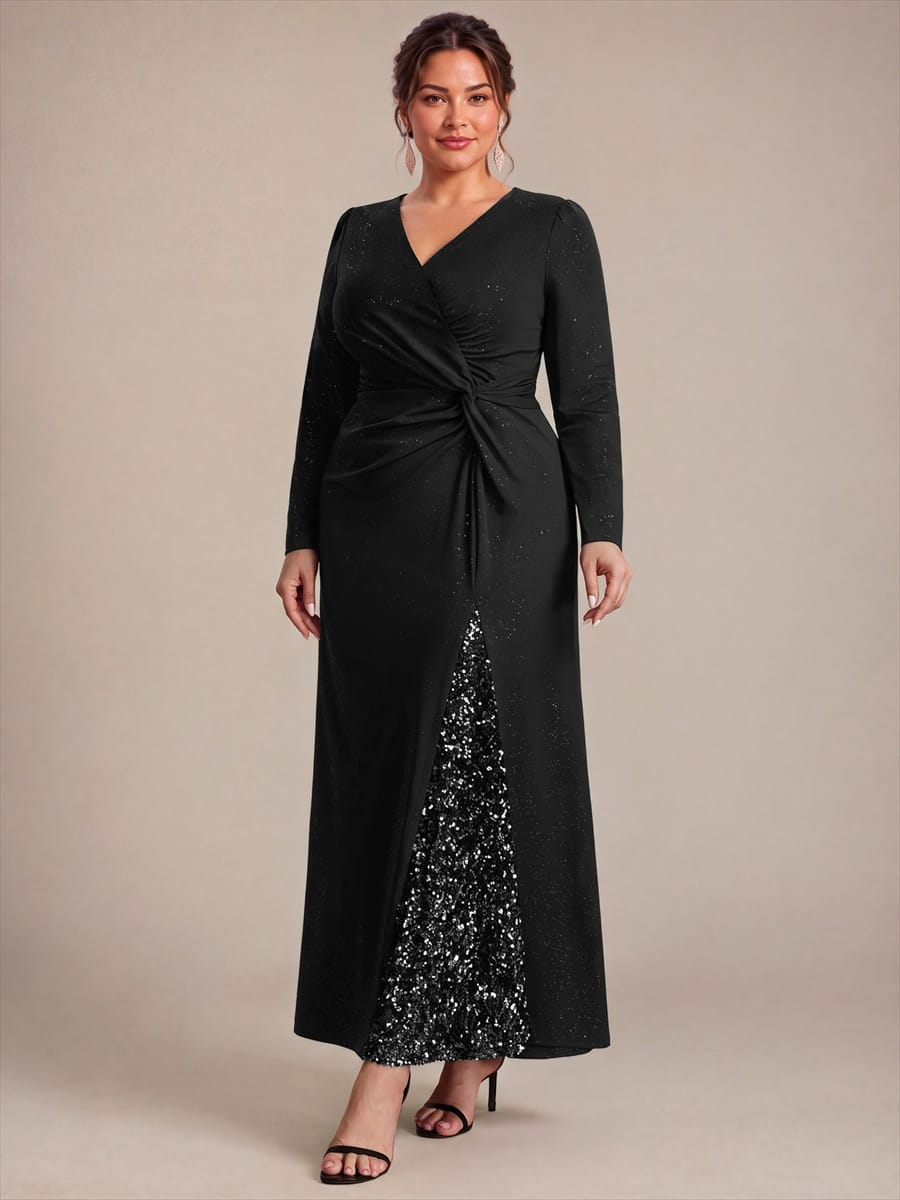 Sequin Knit Fitted Sleeve Dress #color_Black