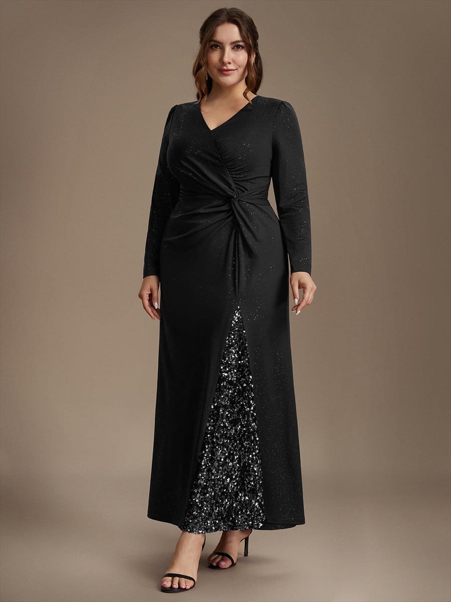 Sequin Knit Fitted Sleeve Dress #color_Black