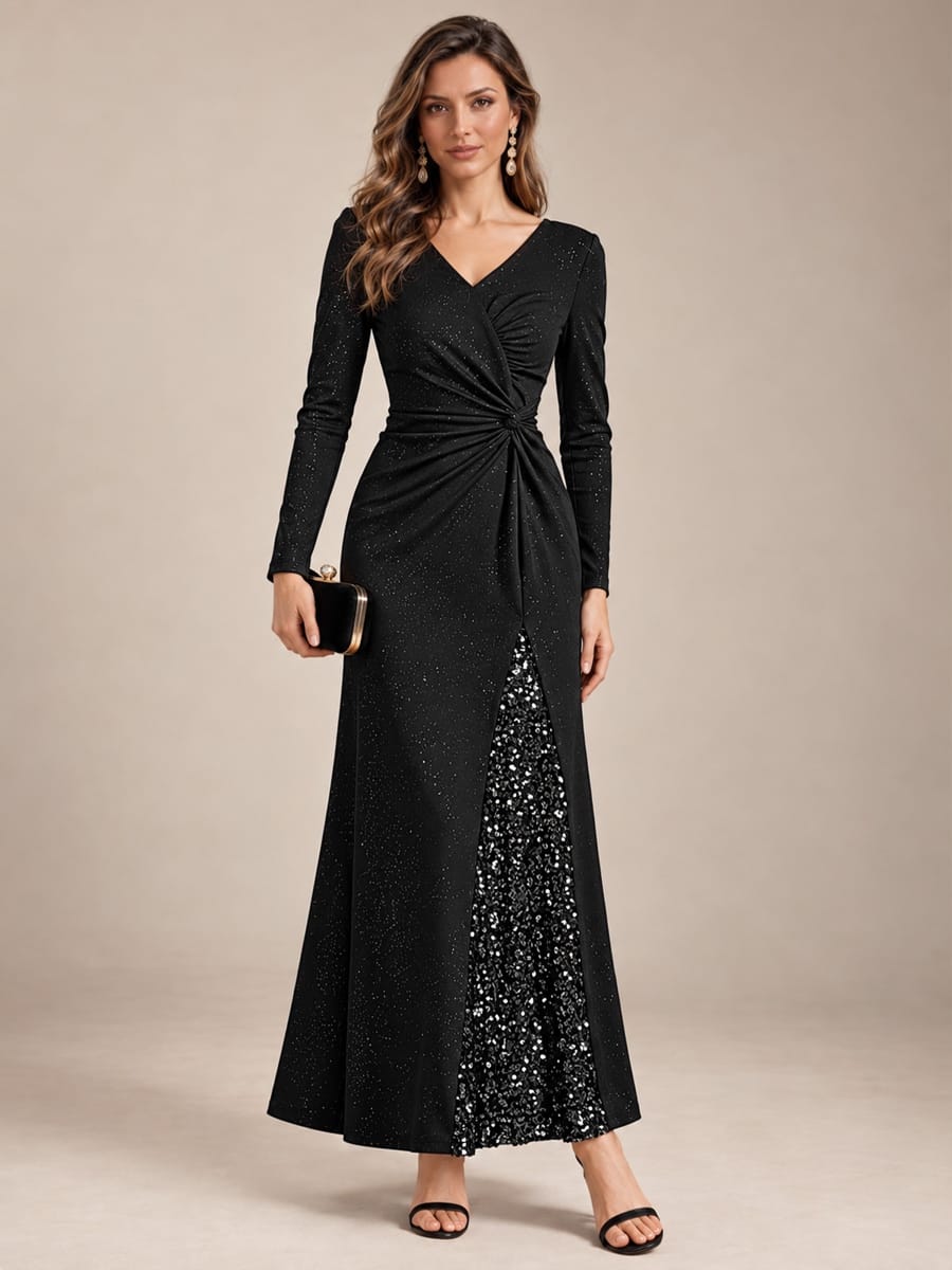 Sequin Knit Fitted Sleeve Dress #color_Black