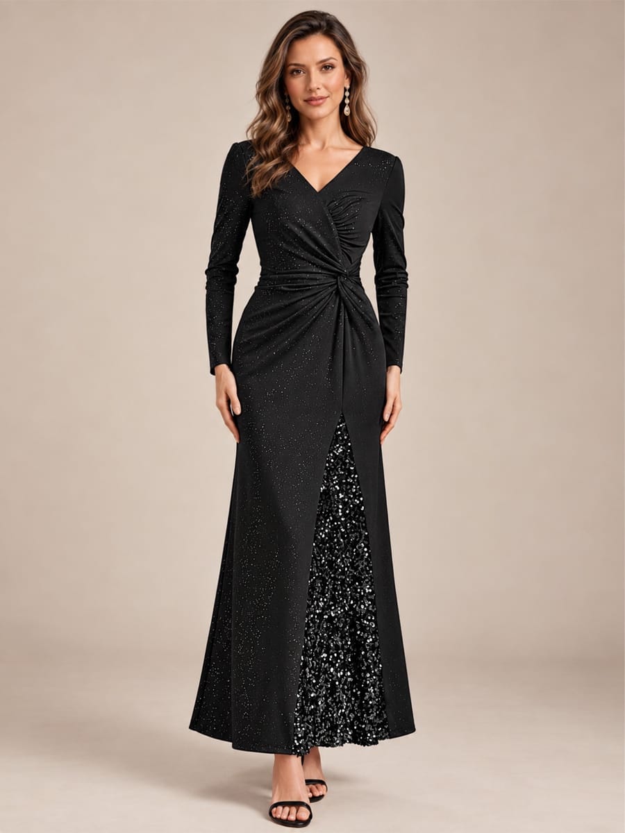 Sequin Knit Fitted Sleeve Dress #color_Black
