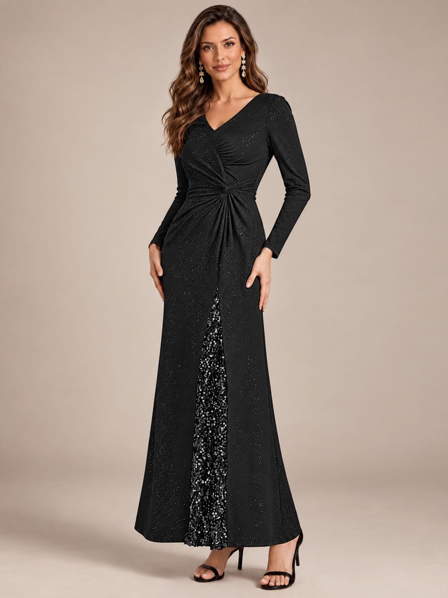 Sequin Knit Fitted Sleeve Dress #color_Black