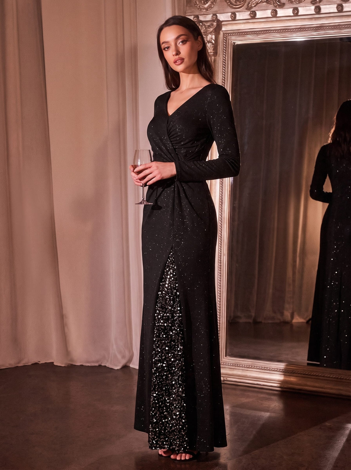 Sequin Knit Fitted Sleeve Dress #color_Black