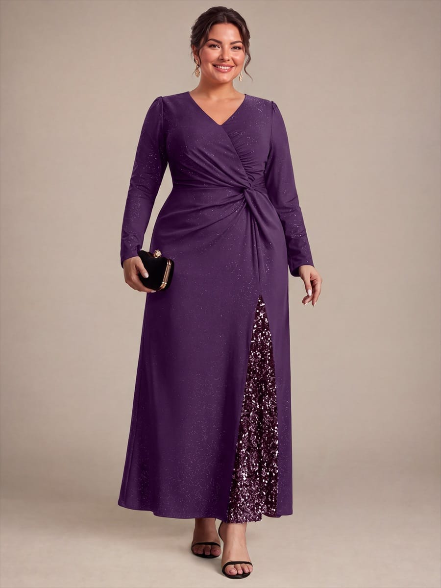 Sequin Knit Fitted Sleeve Dress #color_Dark Purple