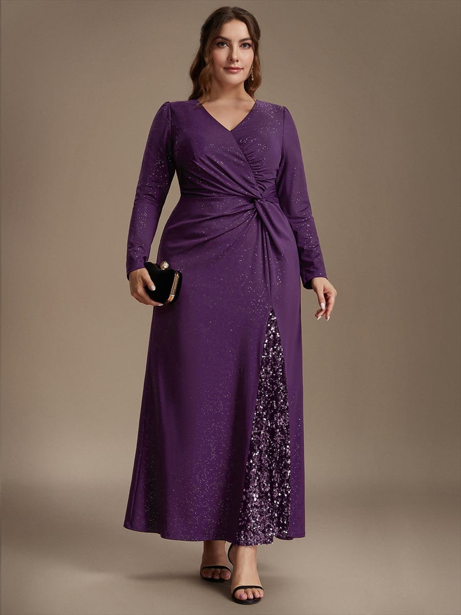 Sequin Knit Fitted Sleeve Dress #color_Dark Purple