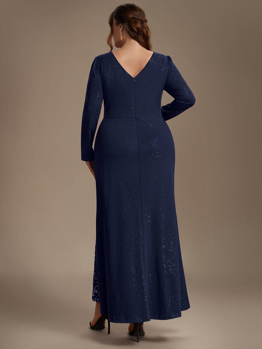 Sequin Knit Fitted Sleeve Dress #color_Navy Blue