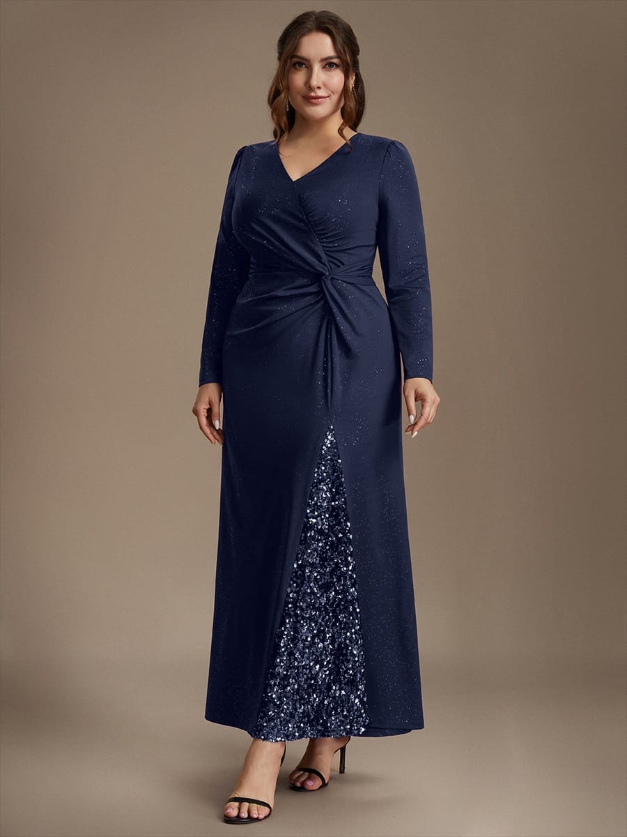 Sequin Knit Fitted Sleeve Dress #color_Navy Blue