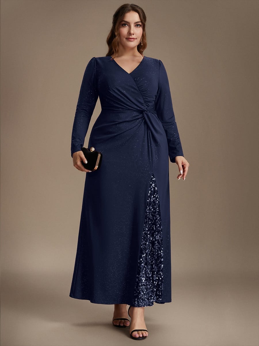 Sequin Knit Fitted Sleeve Dress #color_Navy Blue