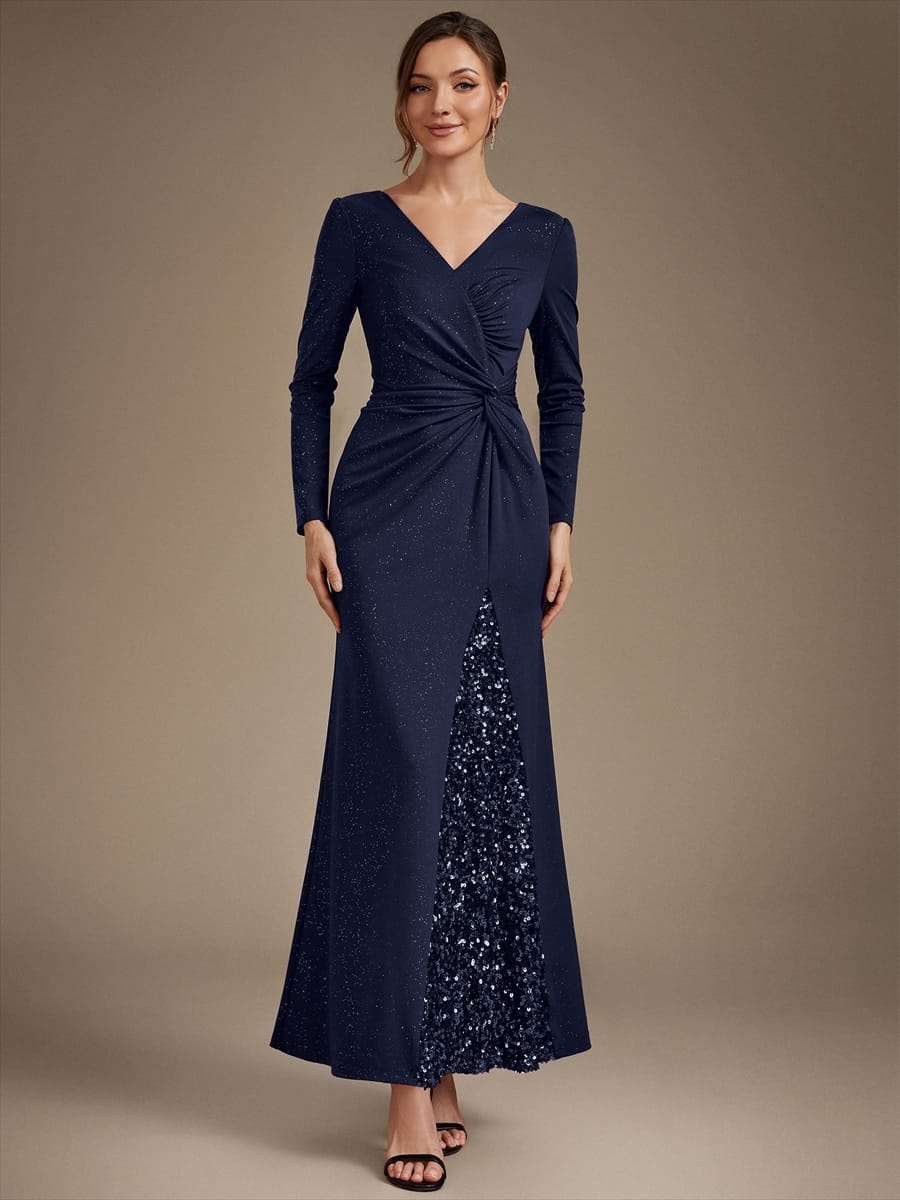 Sequin Knit Fitted Sleeve Dress #color_Navy Blue