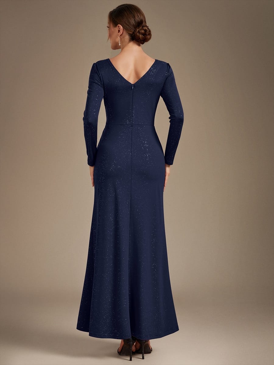 Sequin Knit Fitted Sleeve Dress #color_Navy Blue