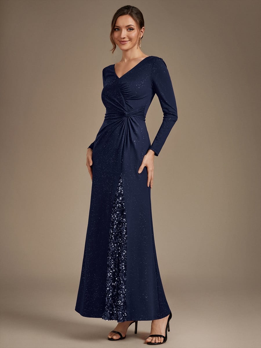 Sequin Knit Fitted Sleeve Dress #color_Navy Blue