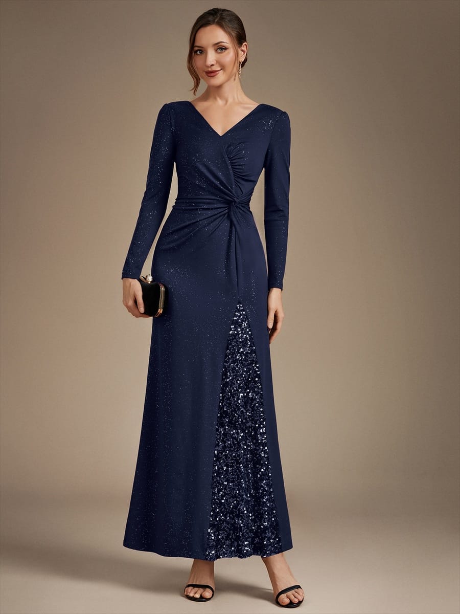 Sequin Knit Fitted Sleeve Dress #color_Navy Blue