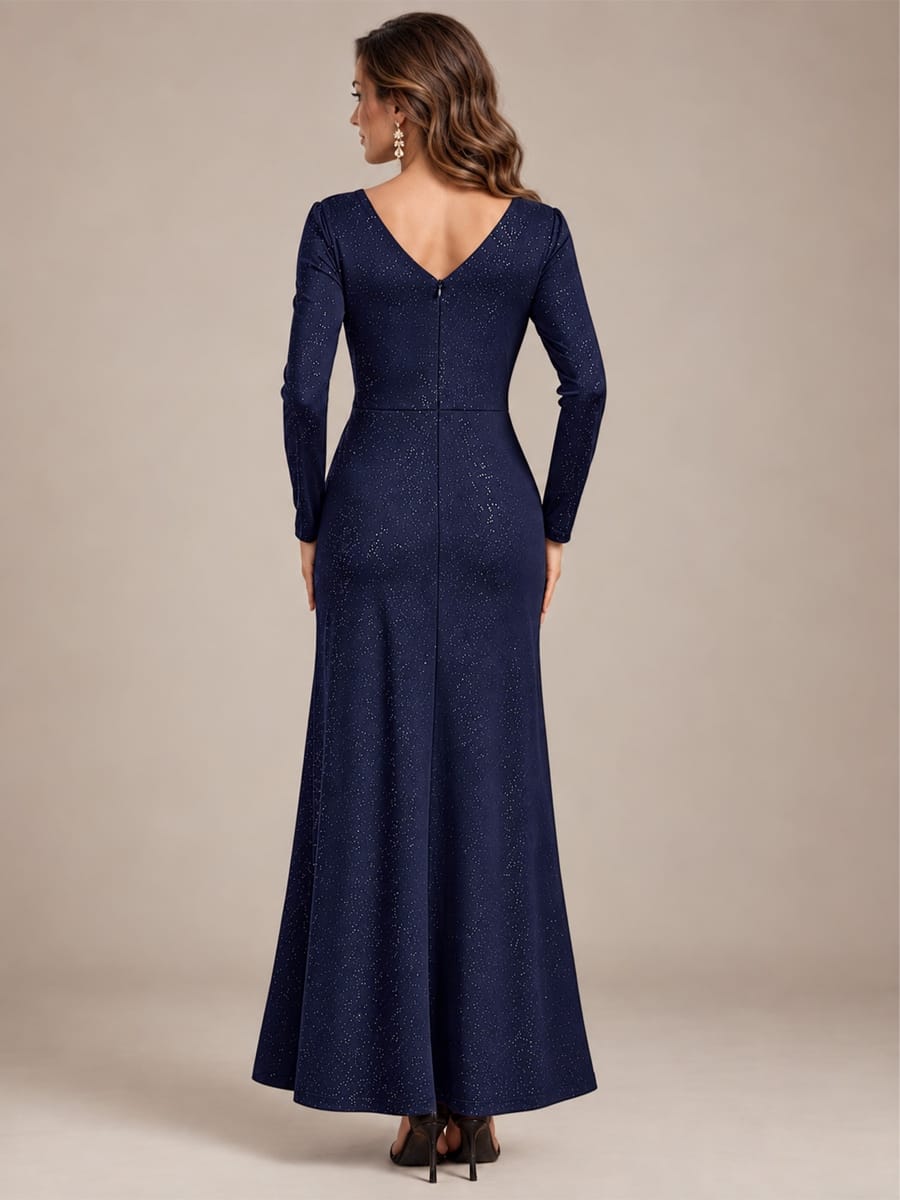 Sequin Knit Fitted Sleeve Dress #color_Navy Blue